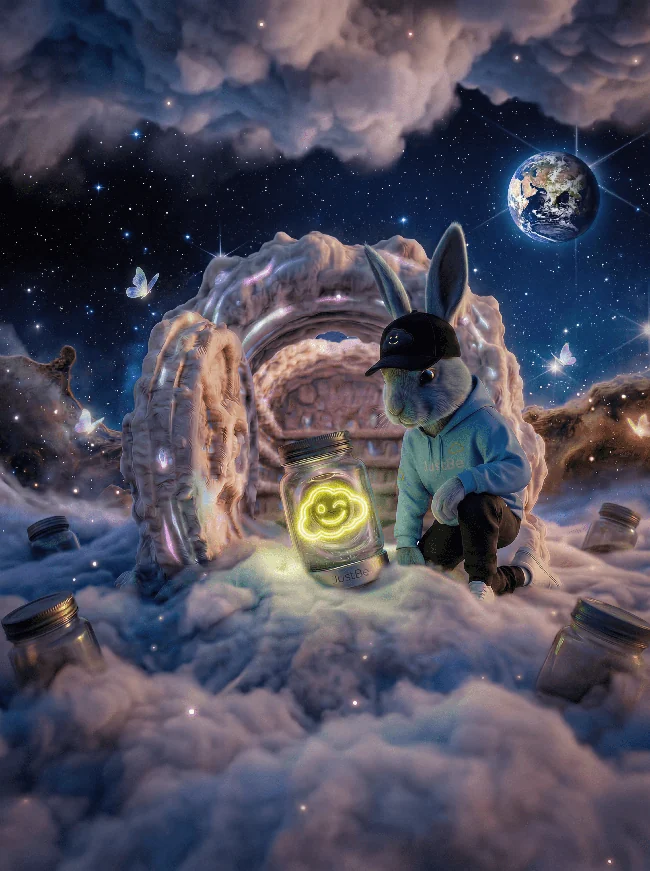 A dreamlike portal in the clouds, watched over by the JustBe rabbit
