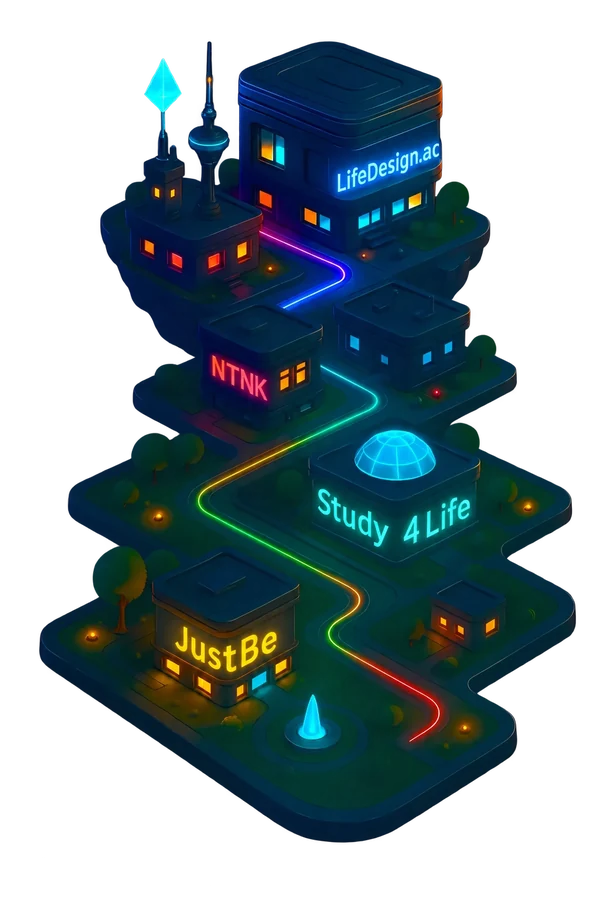 An illustrated island connects LifeDesign, Study4Life, NTNK, and JustBe