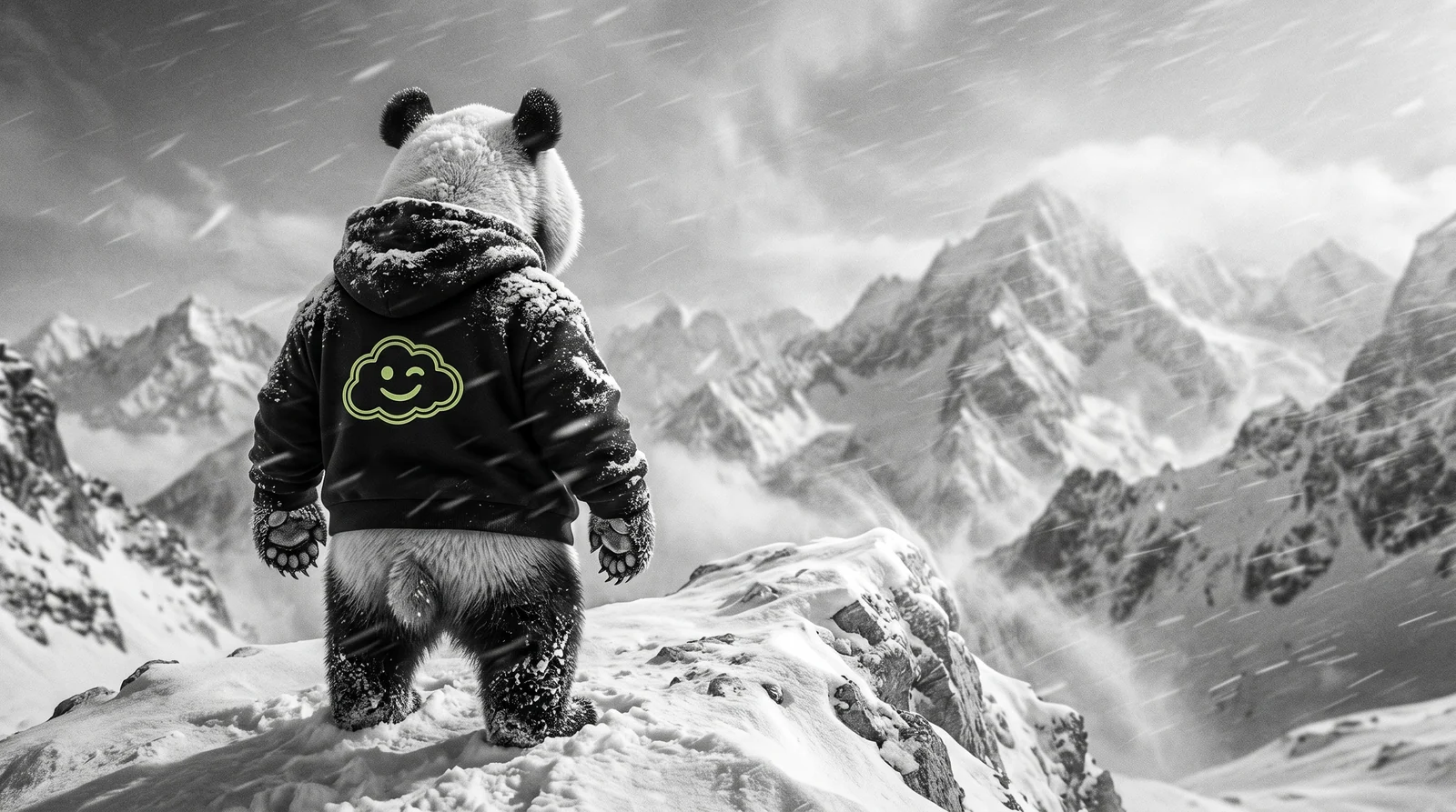 The JustBe panda takes in a quiet mountain landscape